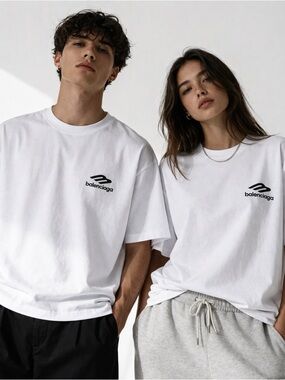 Balenciaga White Short-Sleeve Logo Tee with Black Emblem